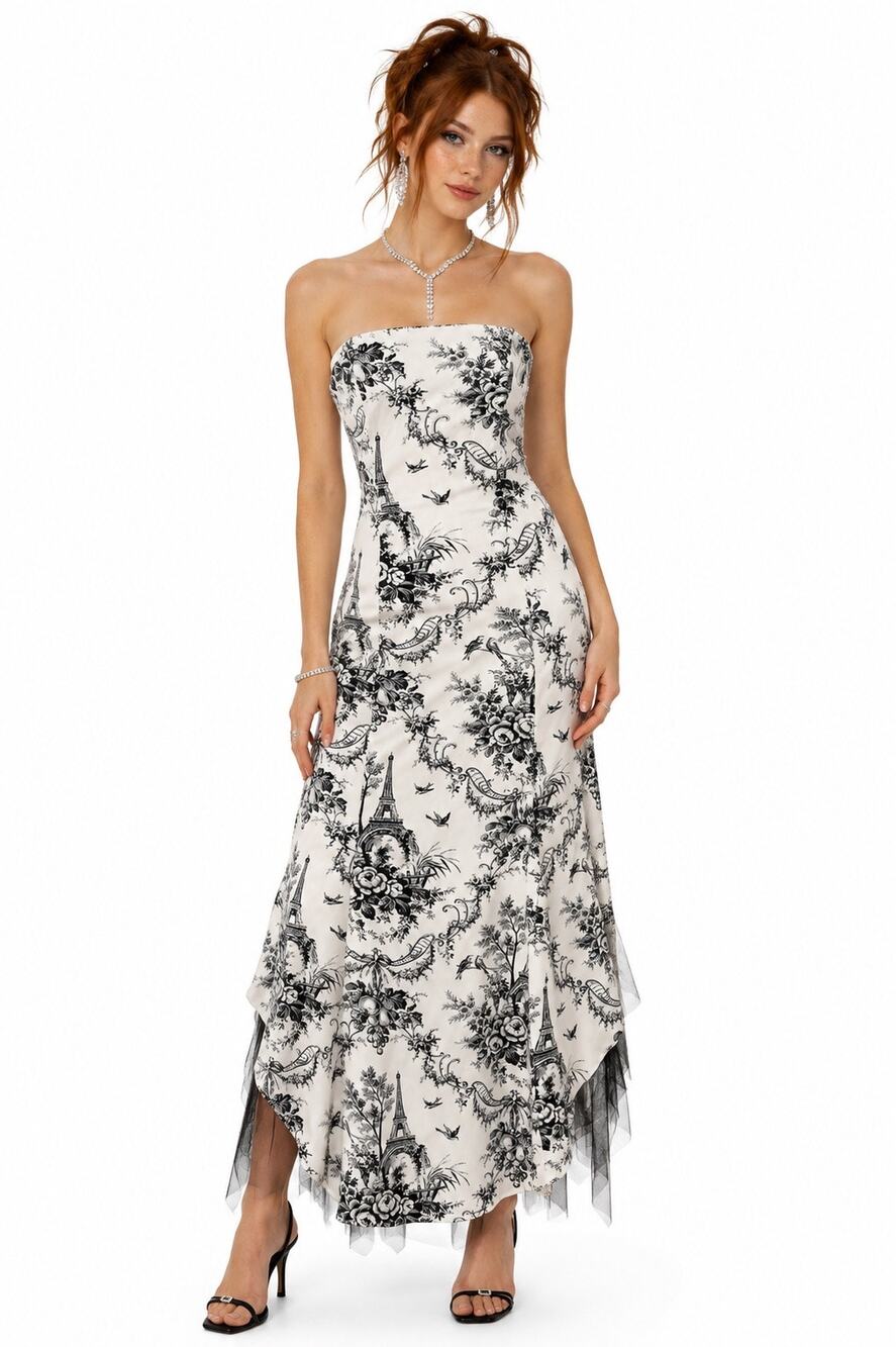 Vintage Y2K Rebecca Black & White Parisian Eiffel Tower Strapless Gown